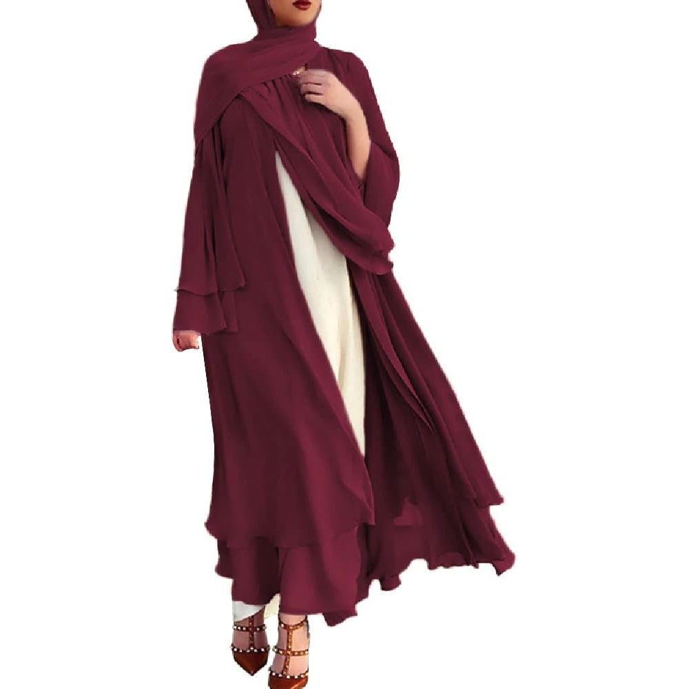 IBTOMCASTLE Open Abaya Chiffon Maxi Kaftan Modest Cardigan Dress - Burgundy Size S