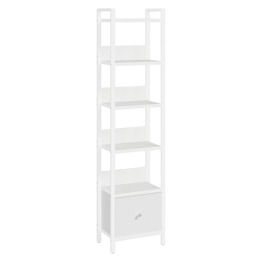 MAHANCRIS 6-Tier White Bookshelf with Drawer - Slim Storage Rack for Small Spaces