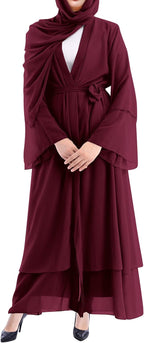 IBTOMCASTLE Open Abaya Chiffon Maxi Kaftan Modest Cardigan Dress - Burgundy Size S