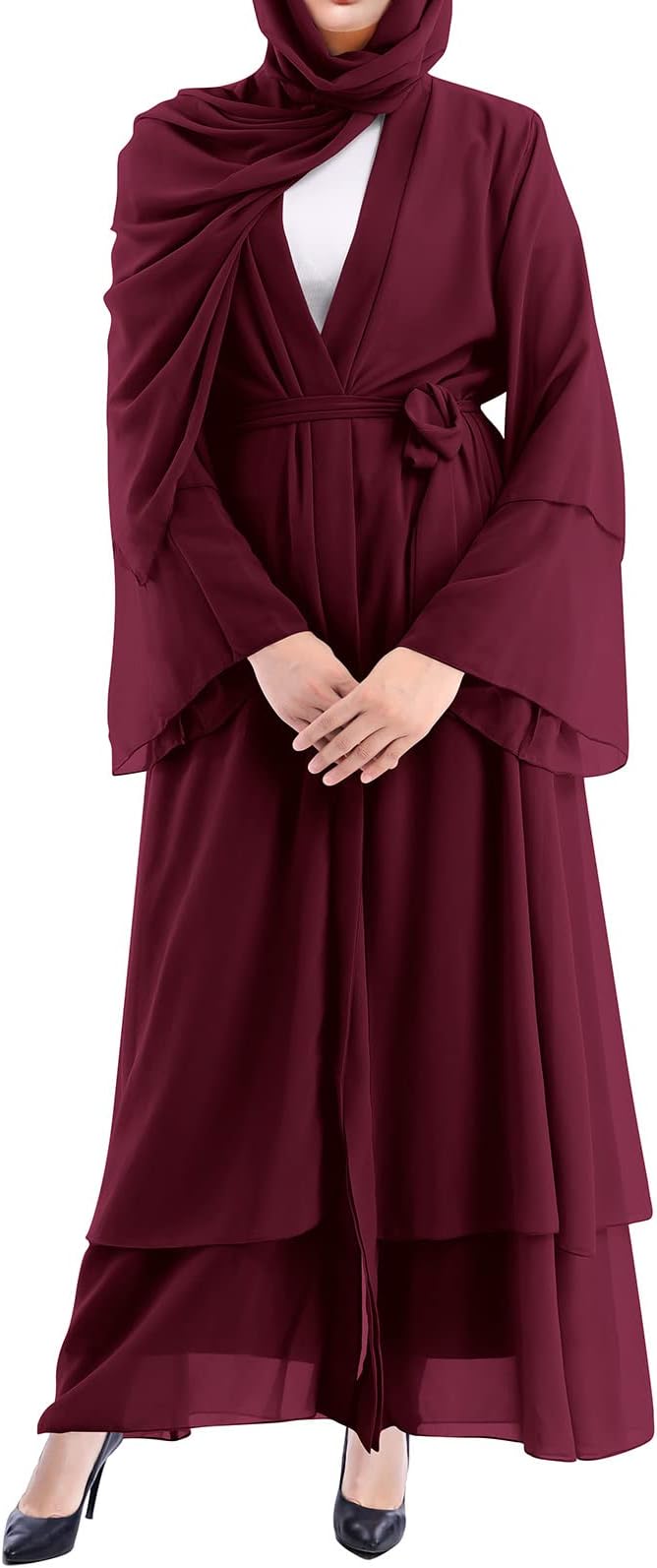 IBTOMCASTLE Open Abaya Chiffon Maxi Kaftan Modest Cardigan Dress - Burgundy Size S