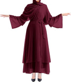 IBTOMCASTLE Open Abaya Chiffon Maxi Kaftan Modest Cardigan Dress - Burgundy Size S