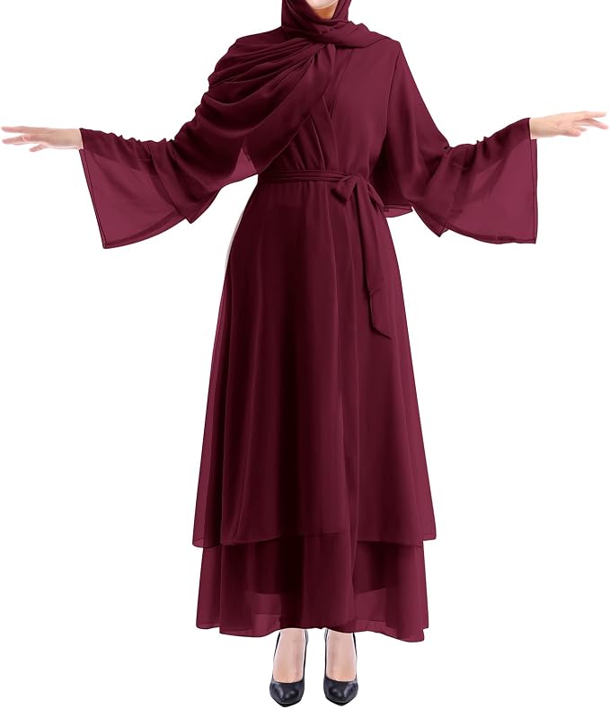 IBTOMCASTLE Open Abaya Chiffon Maxi Kaftan Modest Cardigan Dress - Burgundy Size S