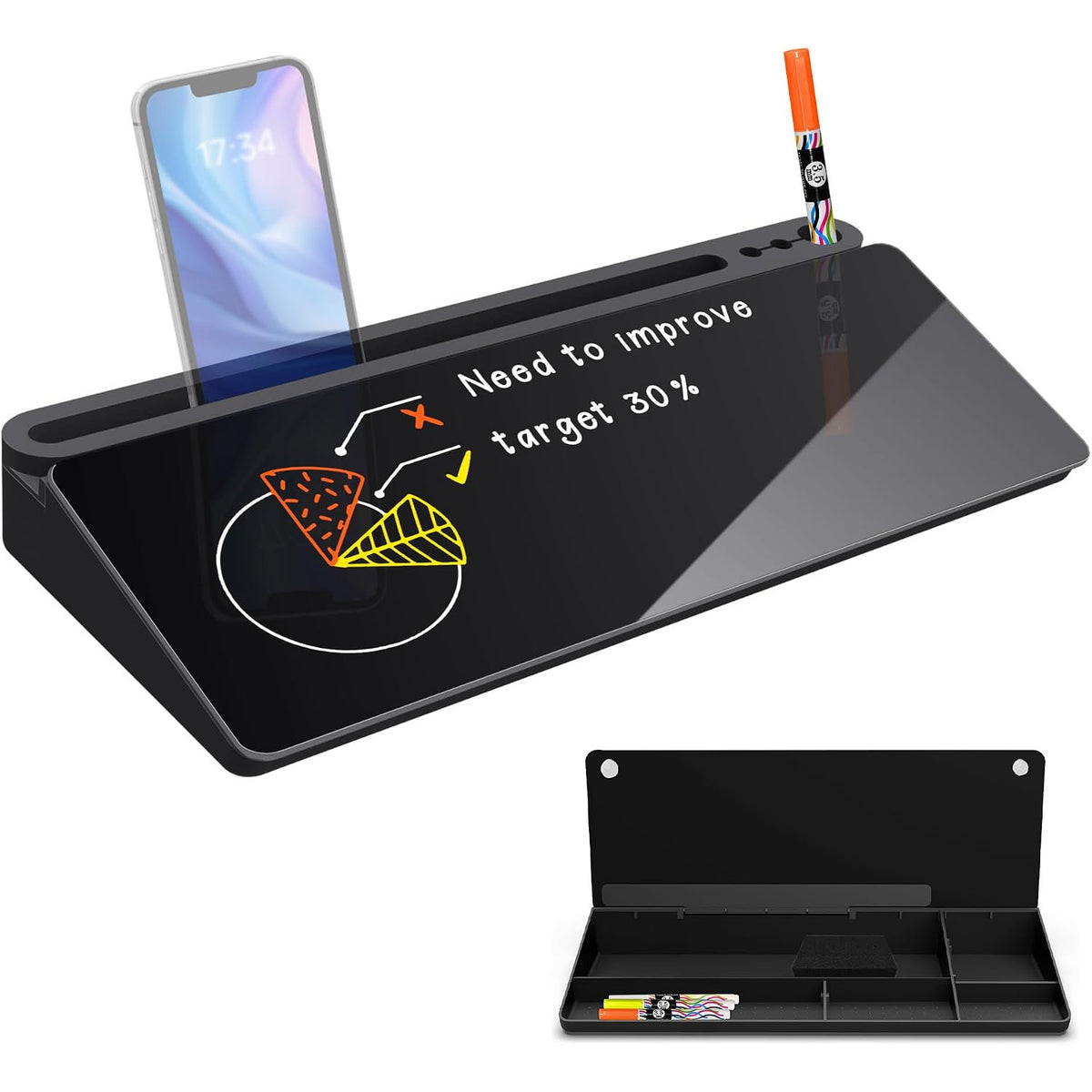 Sliandtelly Desk Glass Chalkboard with Storage 40x18cm - Dry Erase Desktop Notepad with 3 Pens