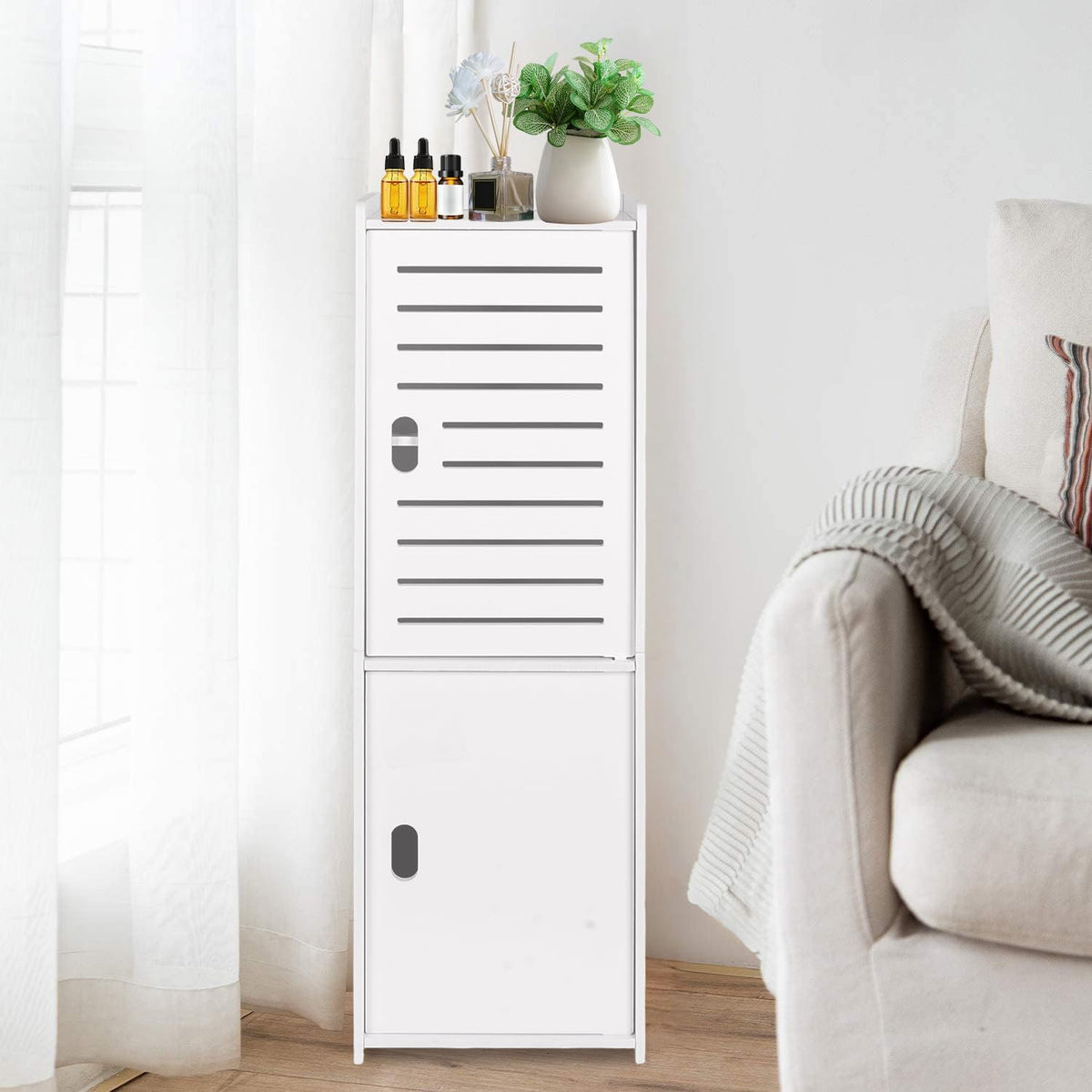 Powerking 3 Tier Waterproof Bathroom Storage Cabinet - White Floor Organizer with Doors
