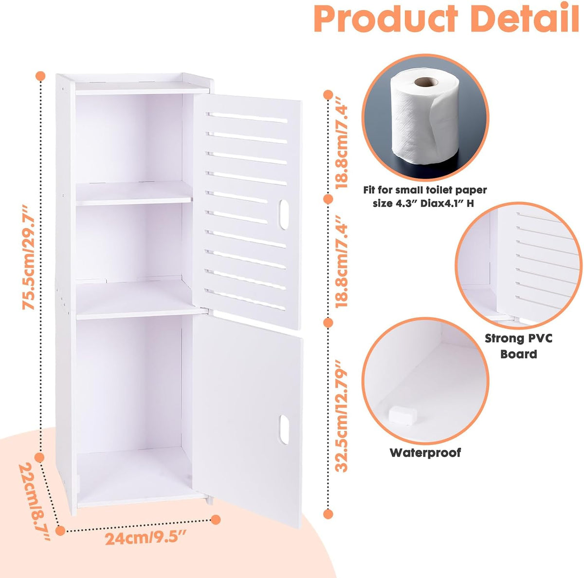 Powerking 3 Tier Waterproof Bathroom Storage Cabinet - White Floor Organizer with Doors