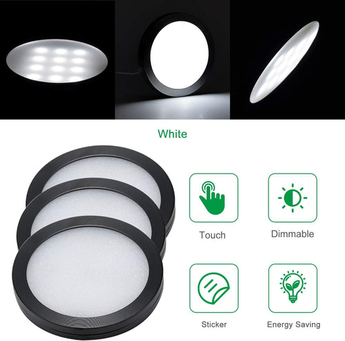 AIBOO 6 Pack Under Cabinet Black Puck Lights - Daylight White LED Kitchen Kit with Dimmer