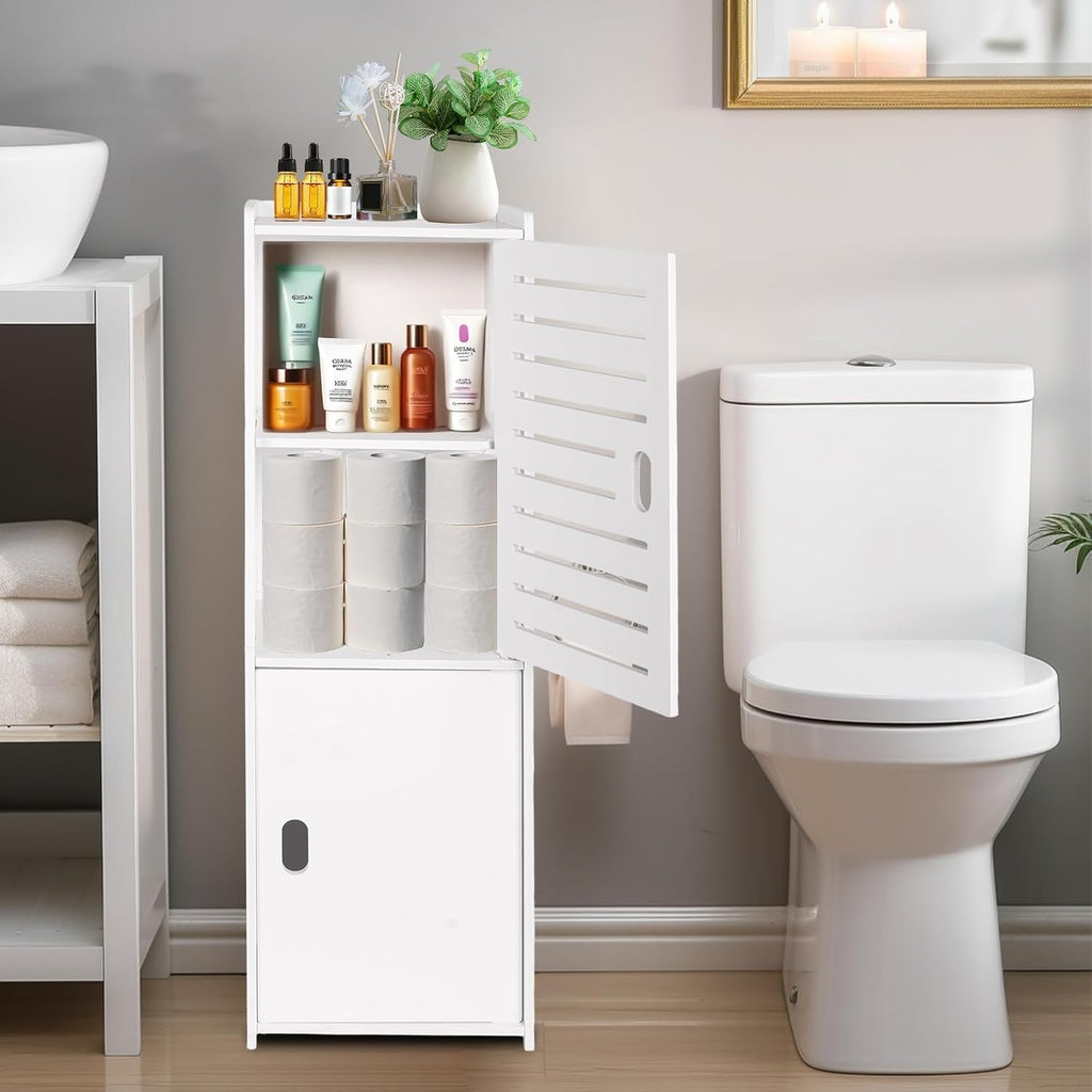 Powerking 3 Tier Waterproof Bathroom Storage Cabinet - White Floor Organizer with Doors