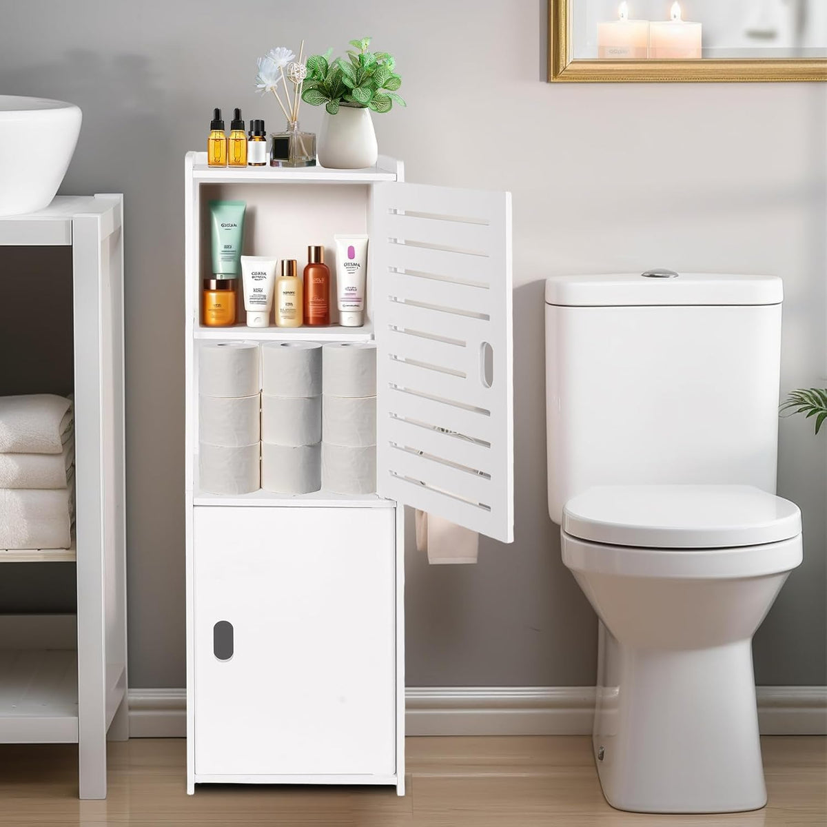 Powerking 3 Tier Waterproof Bathroom Storage Cabinet - White Floor Organizer with Doors