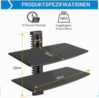 suptek 2 Floating Shelf Wall bracket with Strengthened Tempered Glass for DVD Players/Cable Boxes/Games Consoles/TV Accessories, 2 Shelves, Black CS202