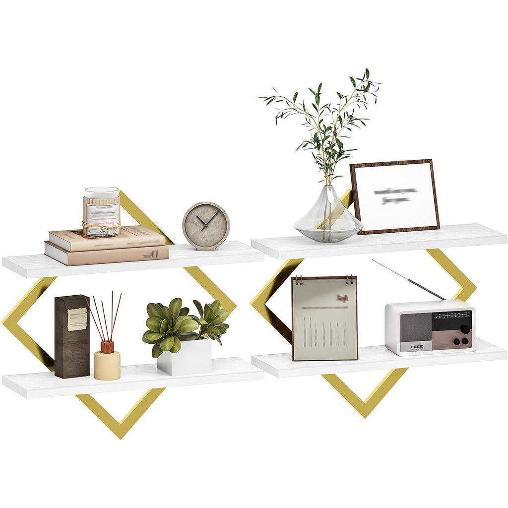 CHOEZON 2 Tier Floating Wall Shelves Set of 2 - Gold & White Hanging Display Shelves