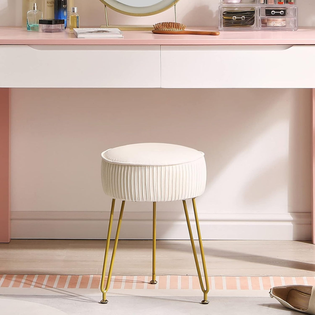 IBUYKE Velvet Round Makeup Vanity Stool - White Dressing Table Footrest Ottoman
