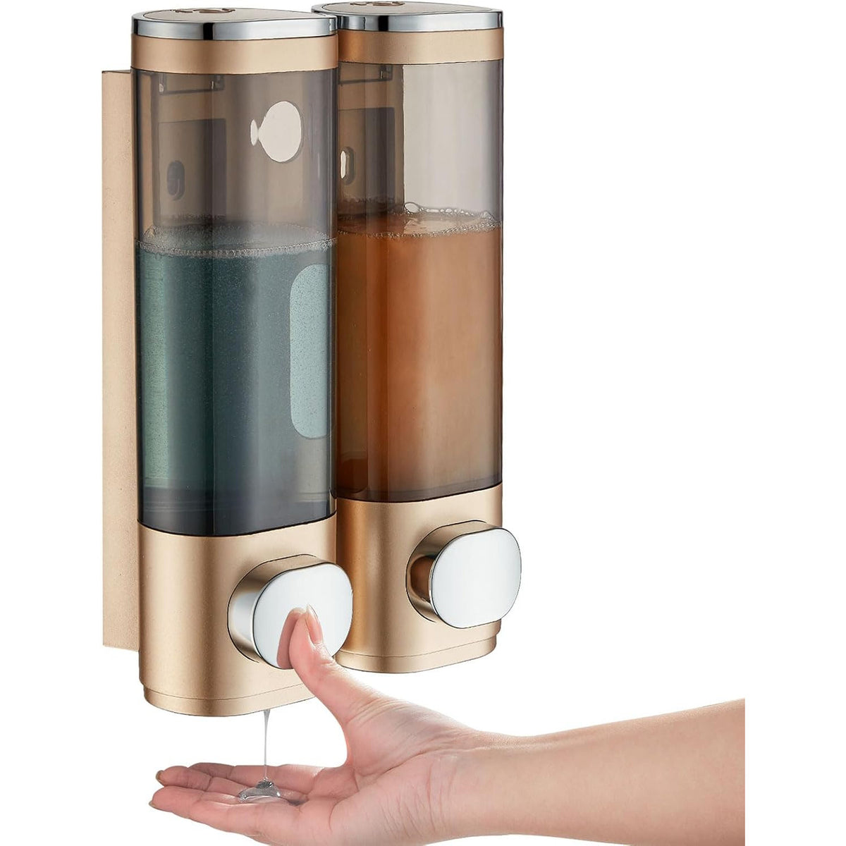 Modunful 2-Chamber Wall-Mounted Shower Dispenser - No-Drill Shampoo, Conditioner & Body Wash Pump Gold