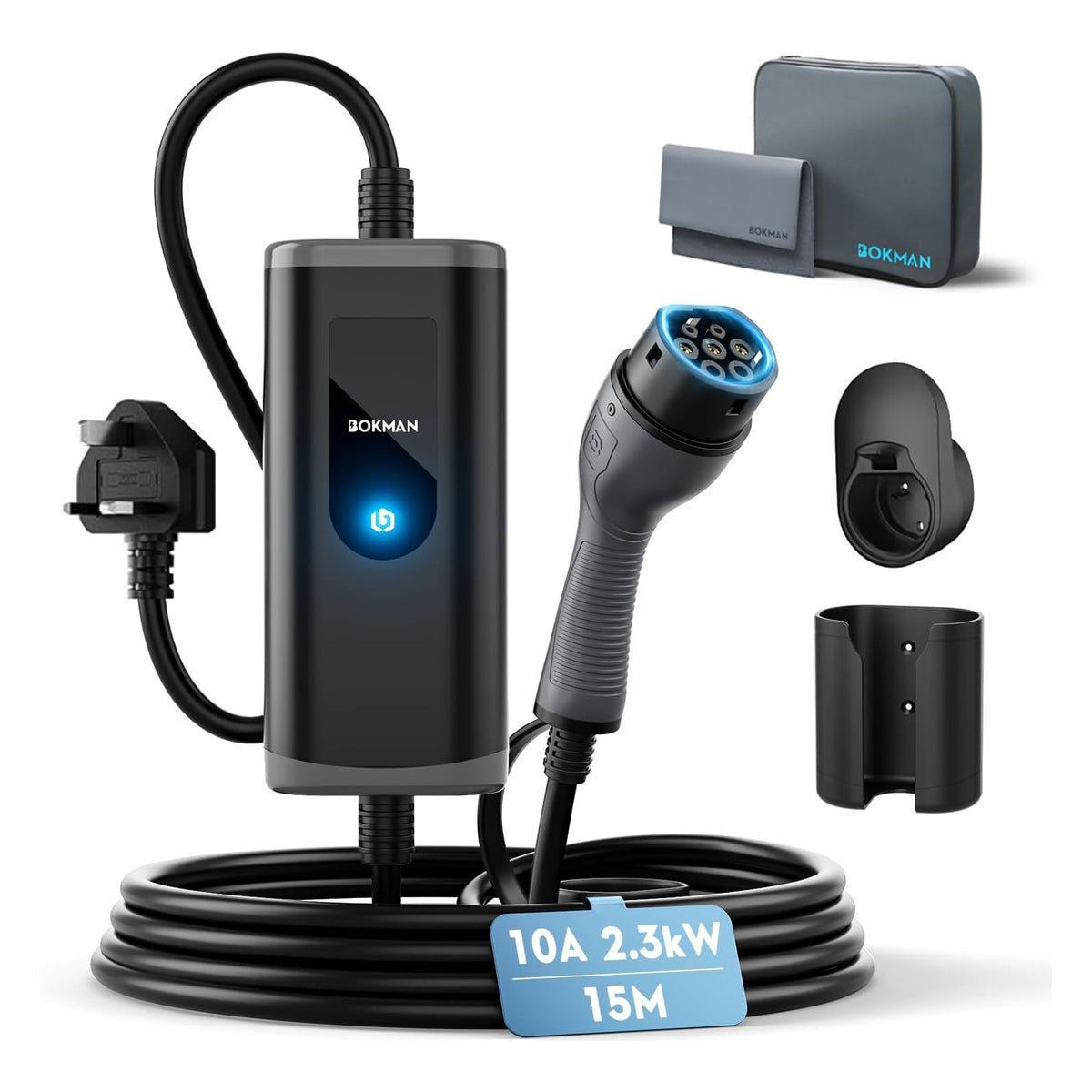 Bokman 15m Electric Car EV Charger Cable - Type 2 to UK 3 Pin Mains Plug (2.3kW 10A)