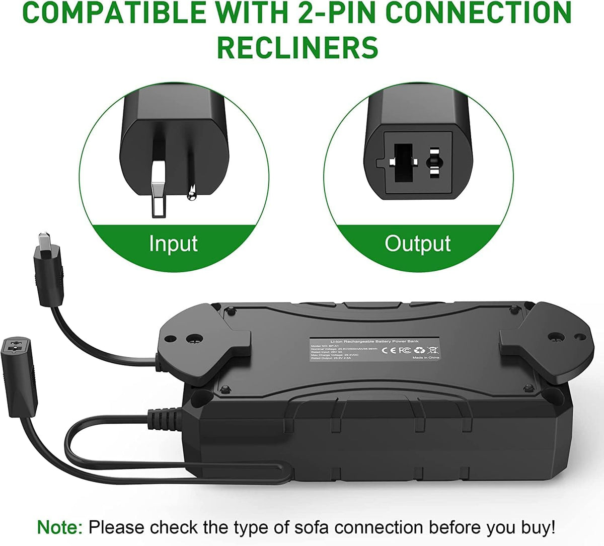 NOPWOK Universal Wireless Recliner Battery Pack 2500mAh - Rechargeable 2-Pin Power Supply for Sofa