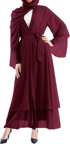 IBTOMCASTLE Open Abaya Chiffon Maxi Kaftan Modest Cardigan Dress - Burgundy Size S