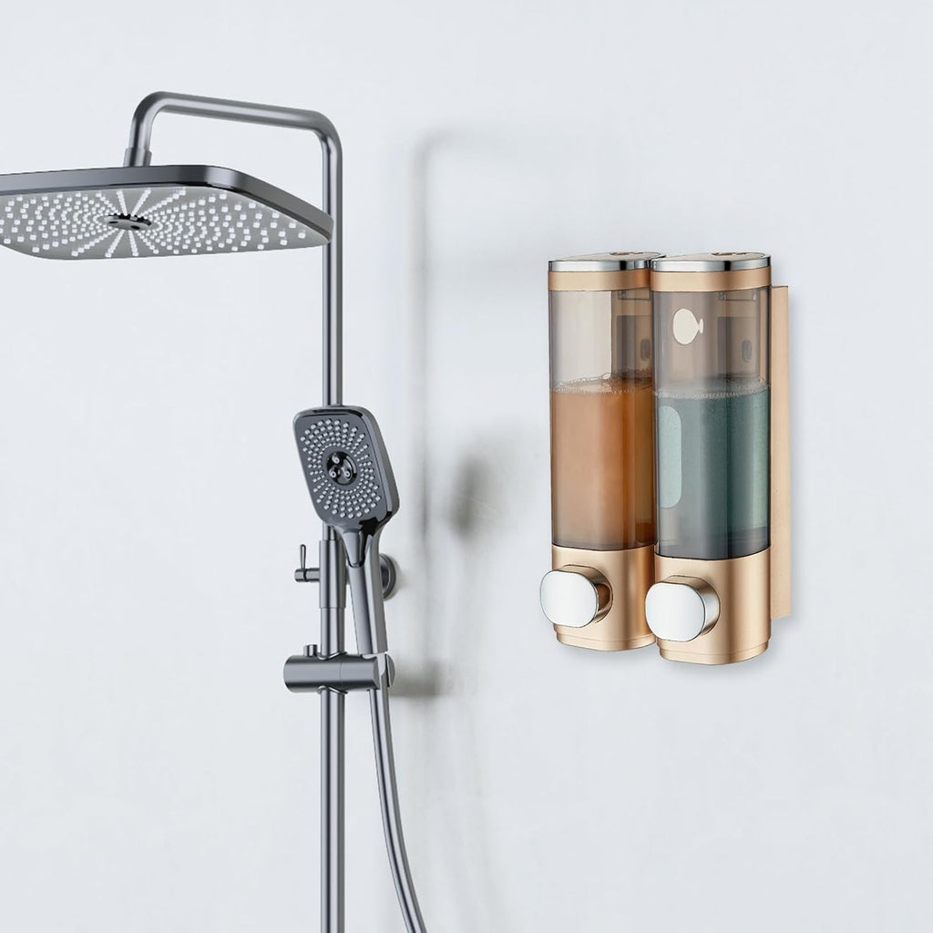Modunful 2-Chamber Wall-Mounted Shower Dispenser - No-Drill Shampoo, Conditioner & Body Wash Pump Gold