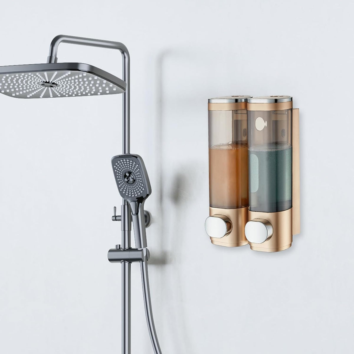 Modunful 2-Chamber Wall-Mounted Shower Dispenser - No-Drill Shampoo, Conditioner & Body Wash Pump Gold