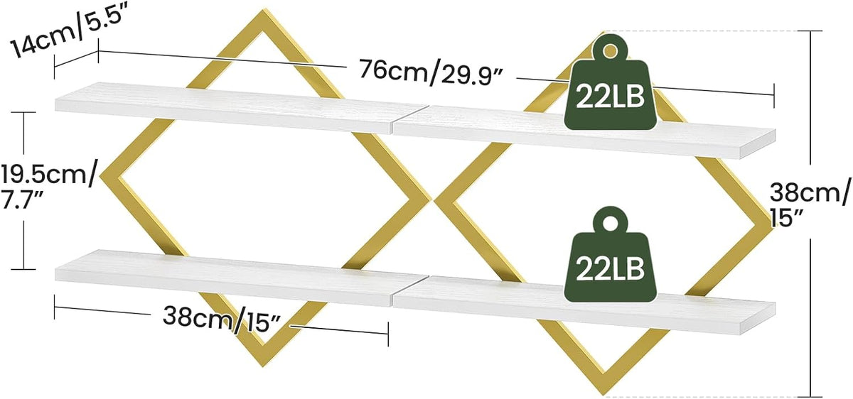 CHOEZON 2 Tier Floating Wall Shelves Set of 2 - Gold & White Hanging Display Shelves