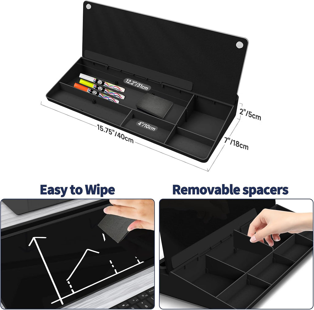 Sliandtelly Desk Glass Chalkboard with Storage 40x18cm - Dry Erase Desktop Notepad with 3 Pens