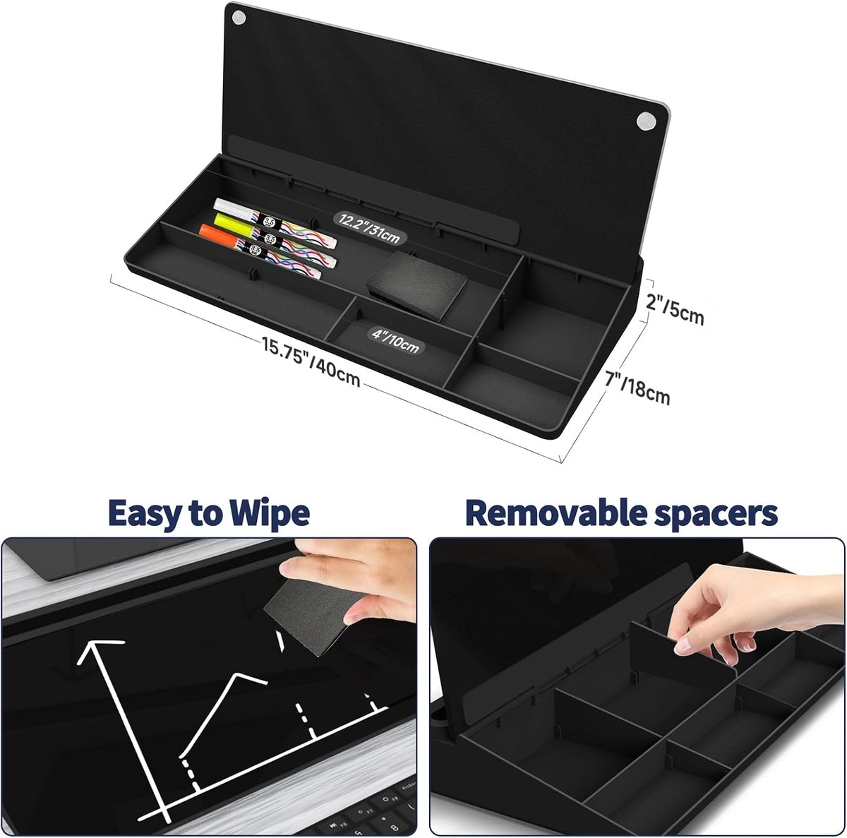 Sliandtelly Desk Glass Chalkboard with Storage 40x18cm - Dry Erase Desktop Notepad with 3 Pens