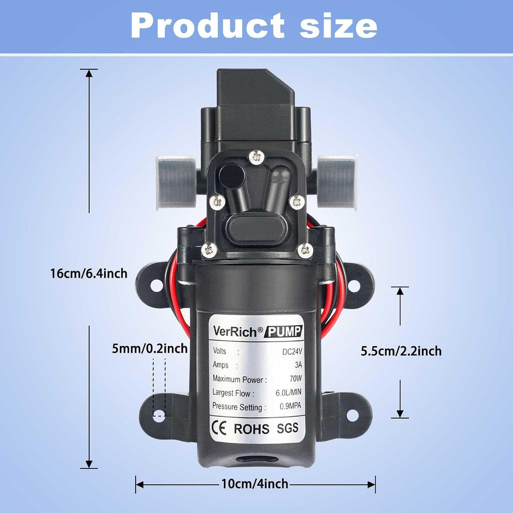 VerRich DC 24V 4L/Min 1GPM Diaphragm Water Pump - 0.9MPa Pressure Switch with G1/2" Hose Fittings