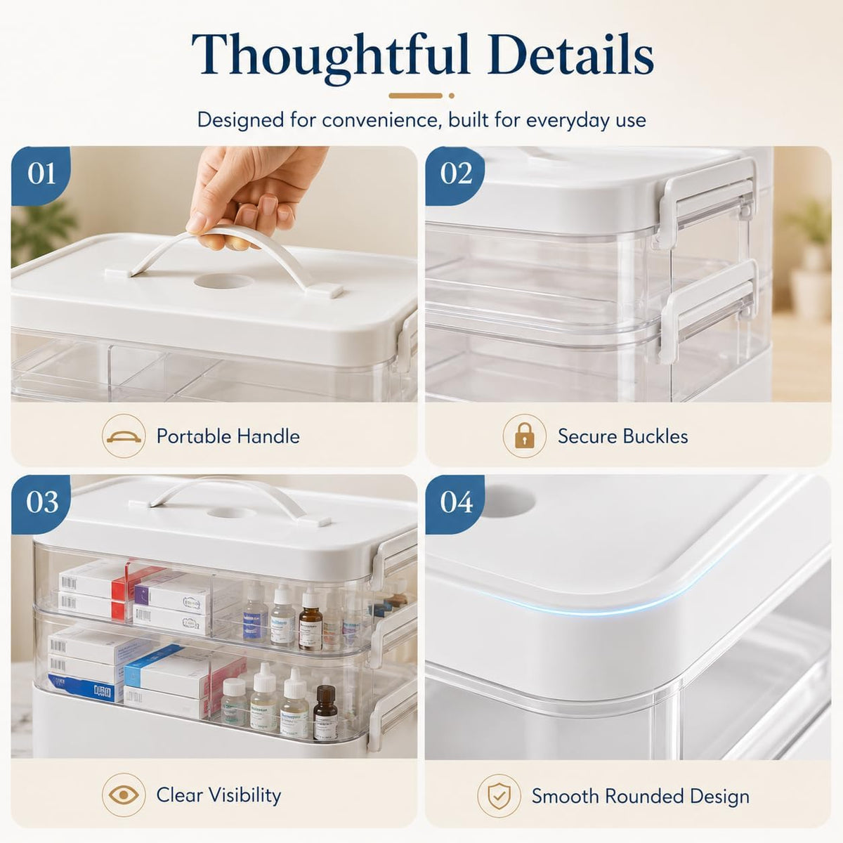 Kryndle 3 Layer Medicine Storage Box with Compartments - Portable First Aid Organiser Case