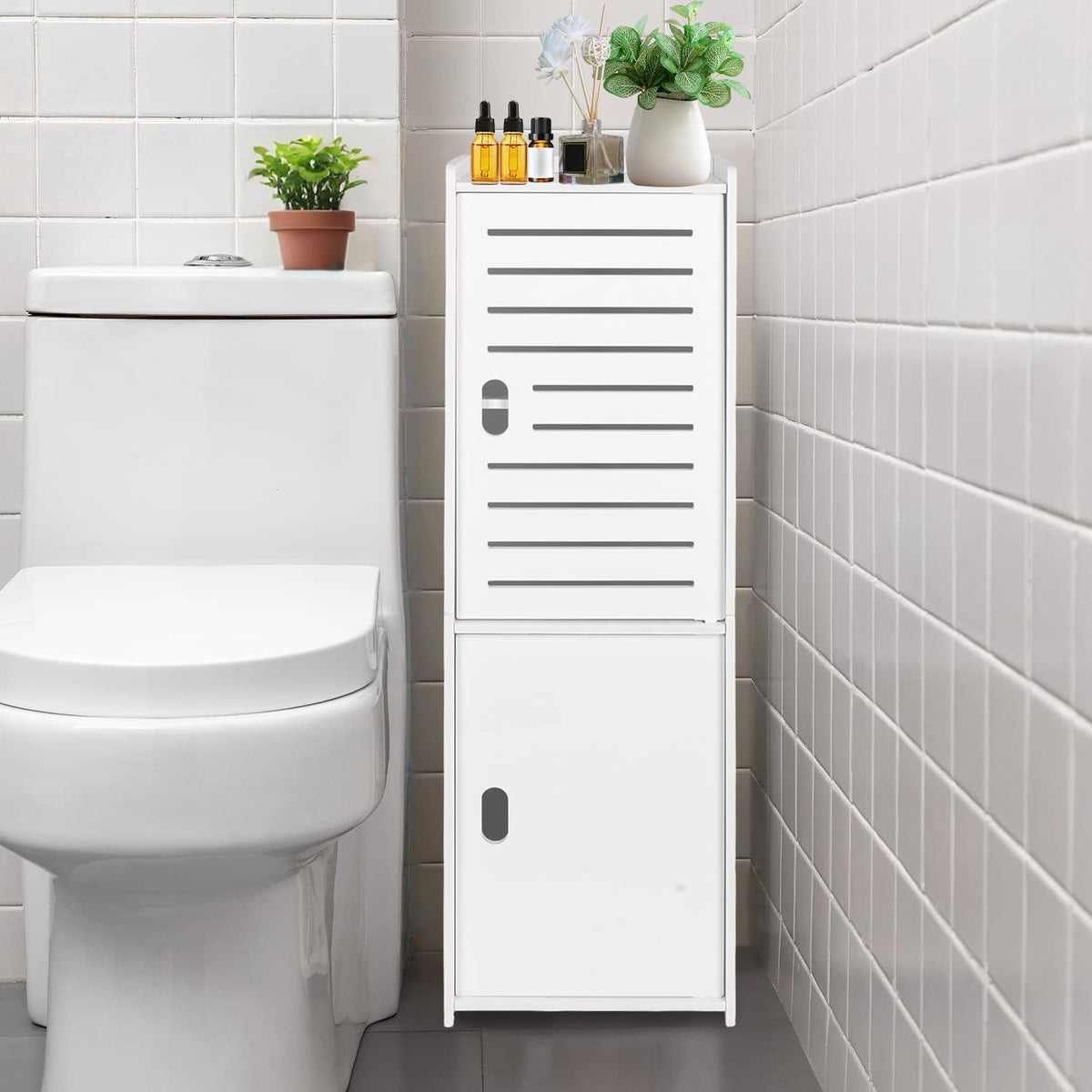 Powerking 3 Tier Waterproof Bathroom Storage Cabinet - White Floor Organizer with Doors
