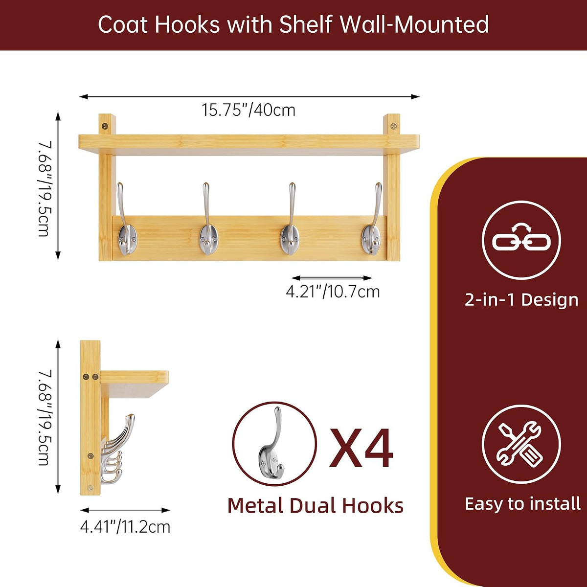 STELLSTAR 2 Pack Bamboo Wall Mounted Coat Rack with Shelf & 8 Hooks (Natural)