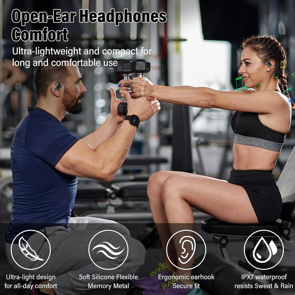 AOTONOK Open Ear Headphones, Hi-Fi Stereo Running Earphones with Adjustable Ear Hooks, IPX7 Waterproof Bone Conduction Earbuds With ENC Mics, Ultra-Comfort, LED Lights, 36H Playtime Sports Headphones for Gym