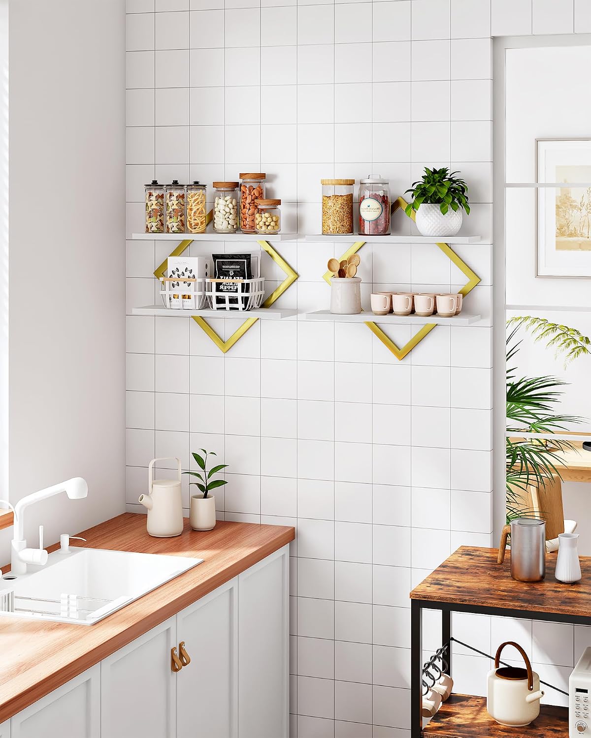 CHOEZON 2 Tier Floating Wall Shelves Set of 2 - Gold & White Hanging Display Shelves