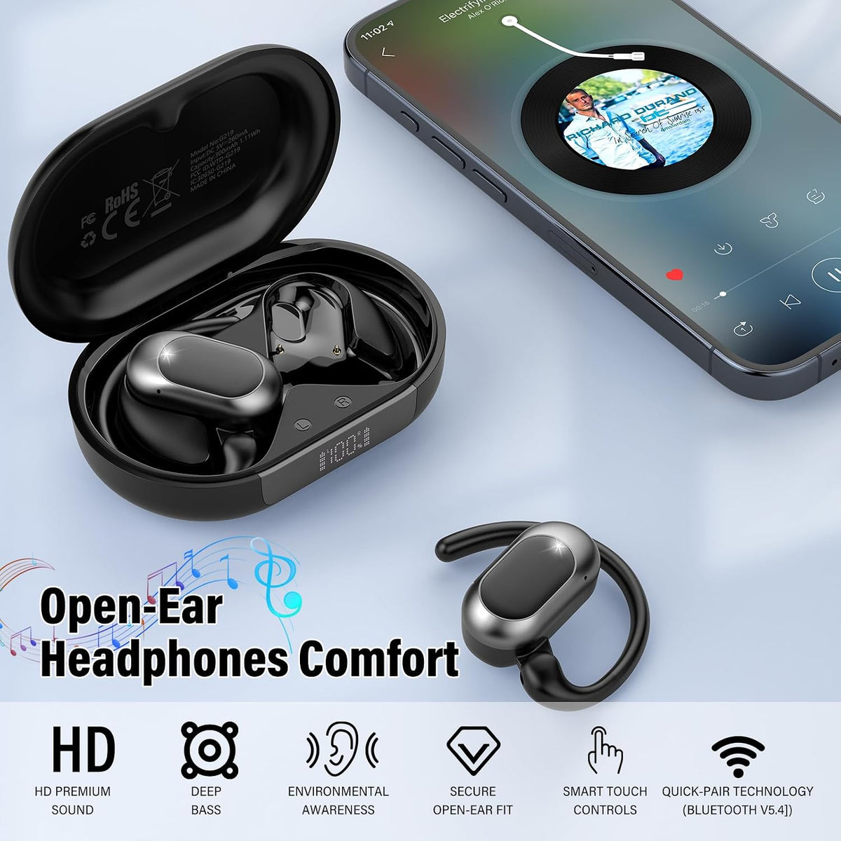AOTONOK Open Ear Headphones, Hi-Fi Stereo Running Earphones with Adjustable Ear Hooks, IPX7 Waterproof Bone Conduction Earbuds With ENC Mics, Ultra-Comfort, LED Lights, 36H Playtime Sports Headphones for Gym
