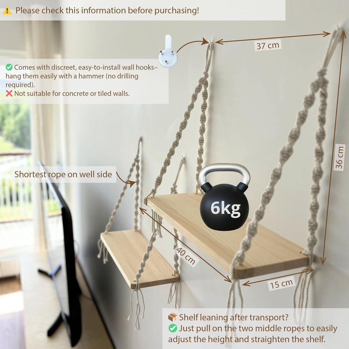 Mekase Set of 2 Boho Macrame Wall Hanging Shelves - Wooden Rope Plant Floating Display