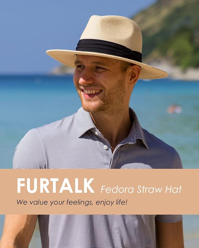 FURTALK Unisex Wide Brim Straw Panama Hat - Summer Beach Sun Protection Fedora