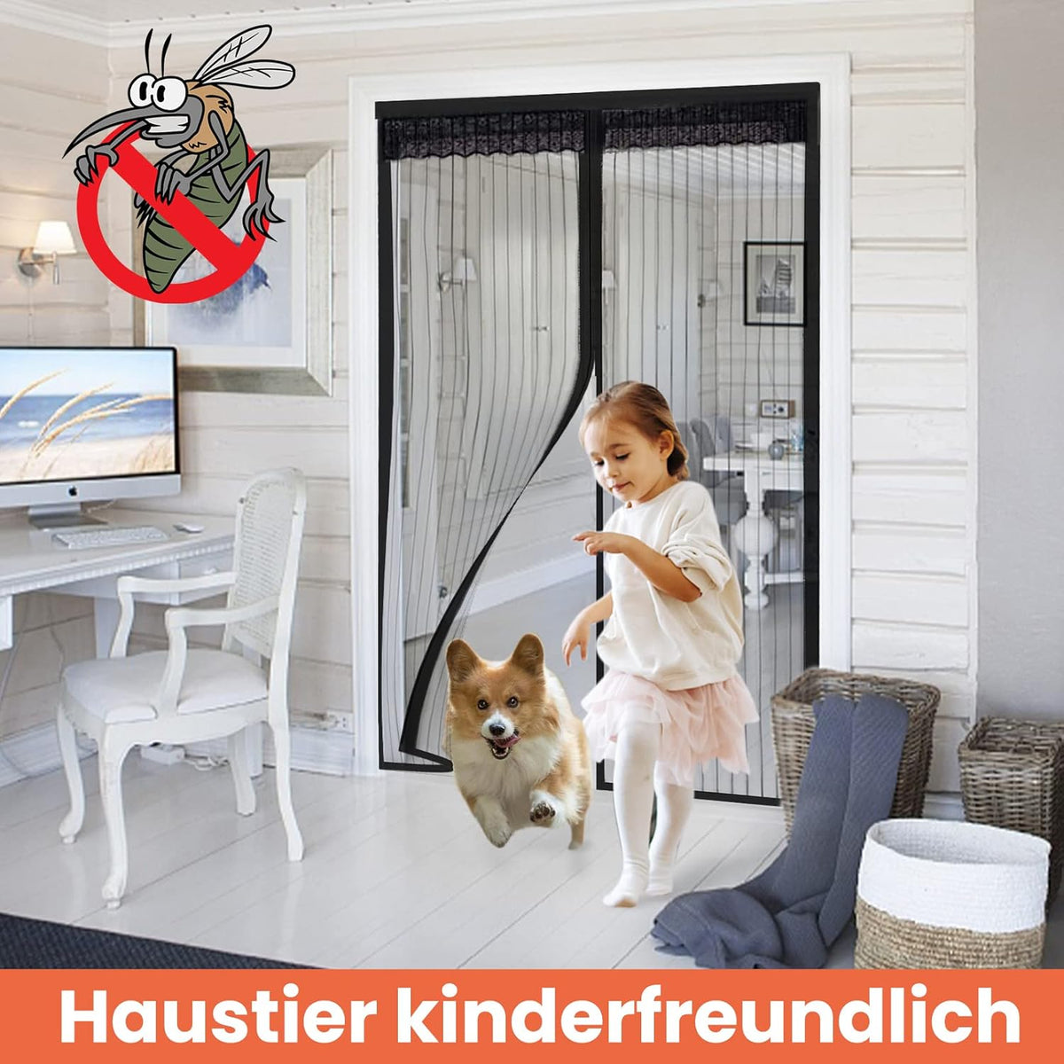 DIKER 120x210cm Magnetic Fly Screen Door - Hands-Free Mesh Insect Net Screen Black
