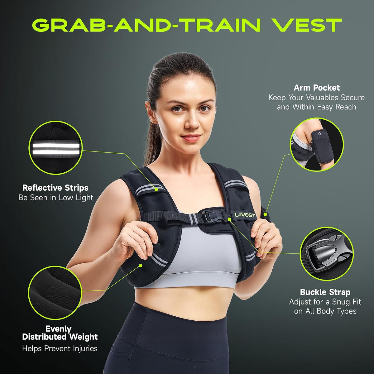 Liveet 6.8kg Certified Weighted Vest for Men & Women - Adjustable Body Weight Vest with Reflective Strips for Walking, Running & Cardio Training