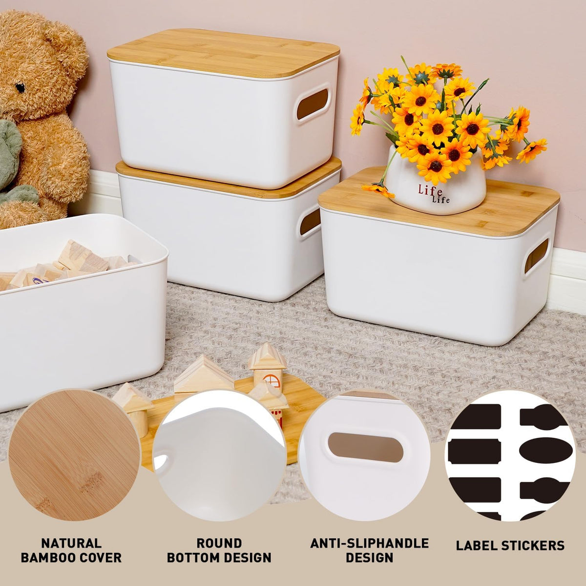 Citylife 2-Pack 6.5L Plastic Storage Boxes with Wooden Lids