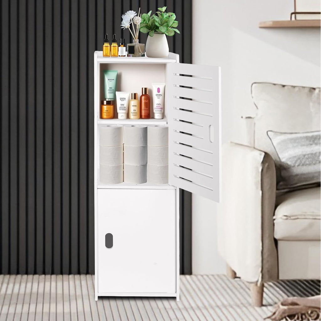 Powerking 3 Tier Waterproof Bathroom Storage Cabinet - White Floor Organizer with Doors