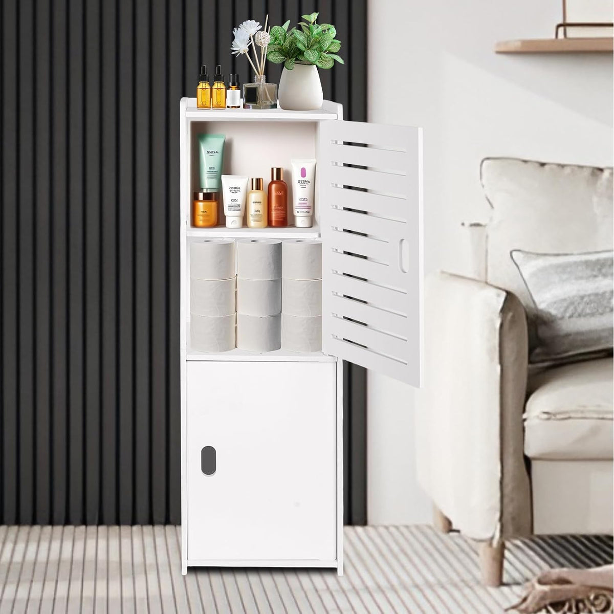 Powerking 3 Tier Waterproof Bathroom Storage Cabinet - White Floor Organizer with Doors