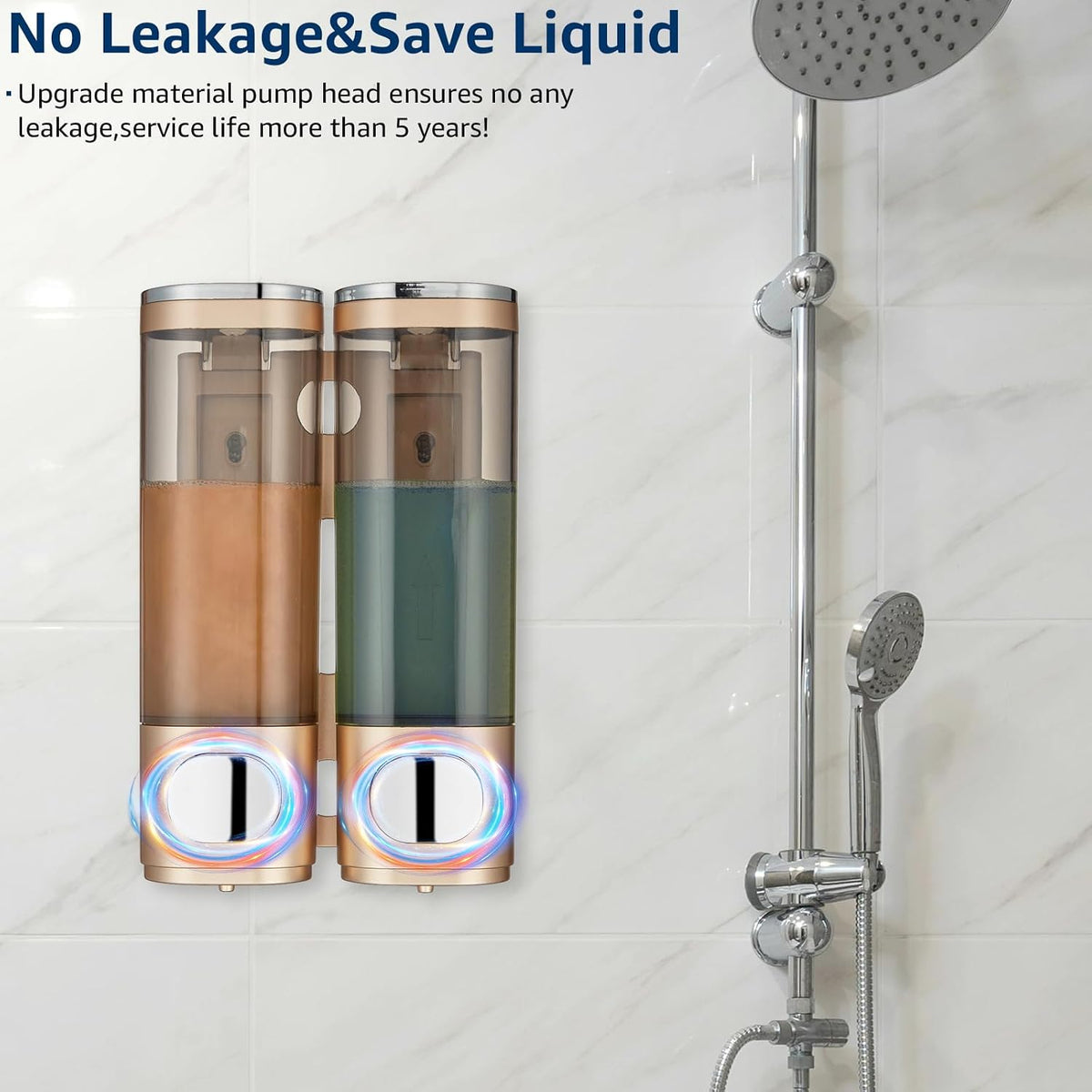 Modunful 2-Chamber Wall-Mounted Shower Dispenser - No-Drill Shampoo, Conditioner & Body Wash Pump Gold