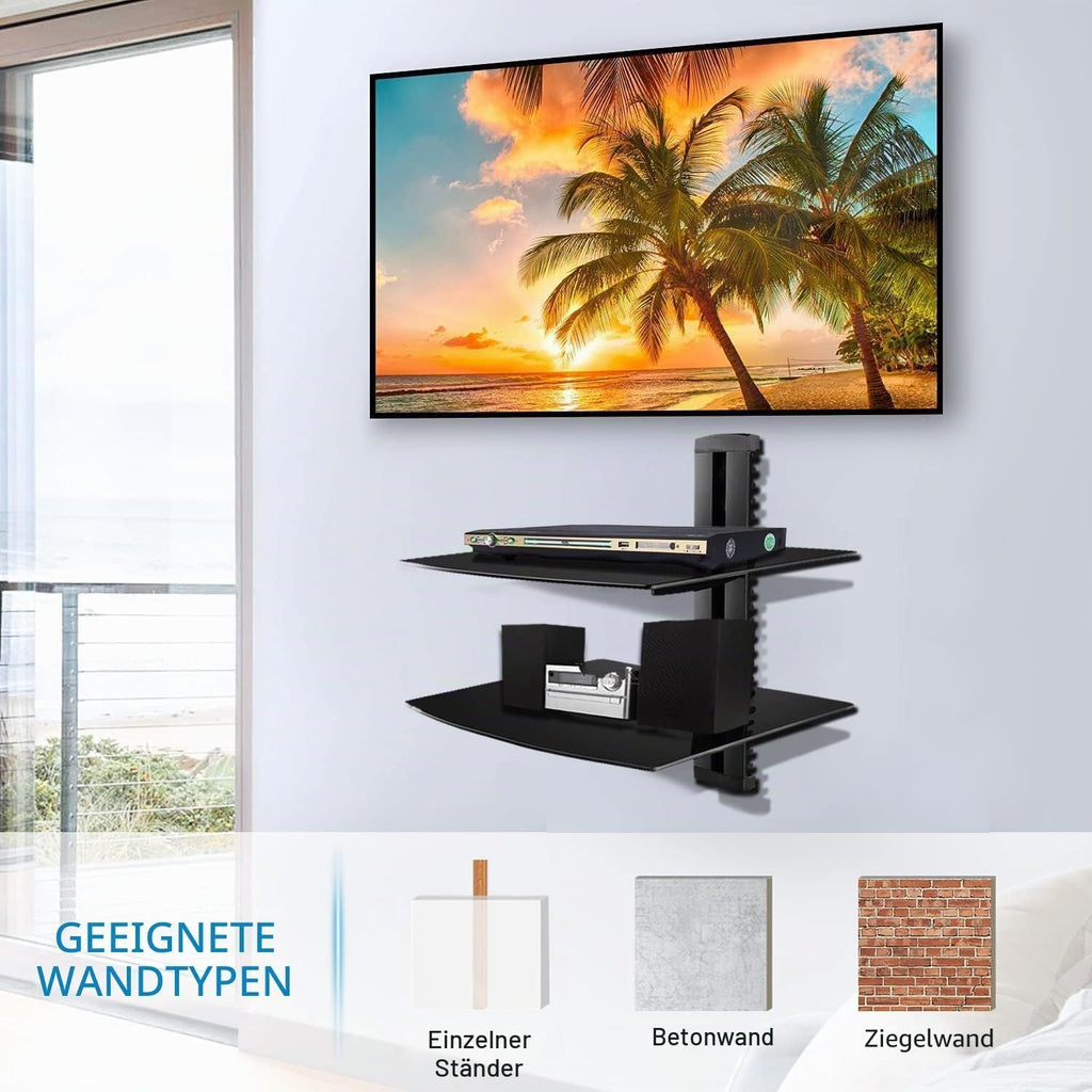 suptek 2 Floating Shelf Wall bracket with Strengthened Tempered Glass for DVD Players/Cable Boxes/Games Consoles/TV Accessories, 2 Shelves, Black CS202