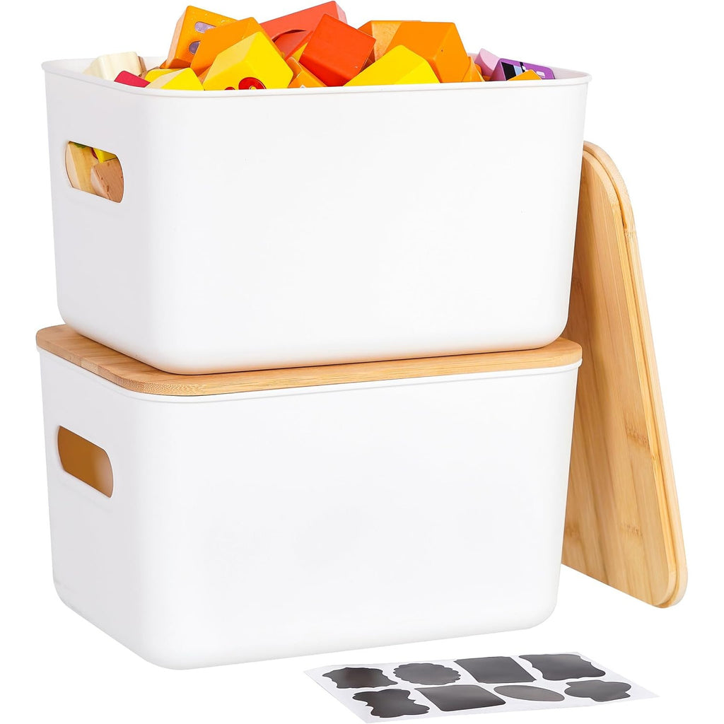 Citylife 2-Pack 6.5L Plastic Storage Boxes with Wooden Lids