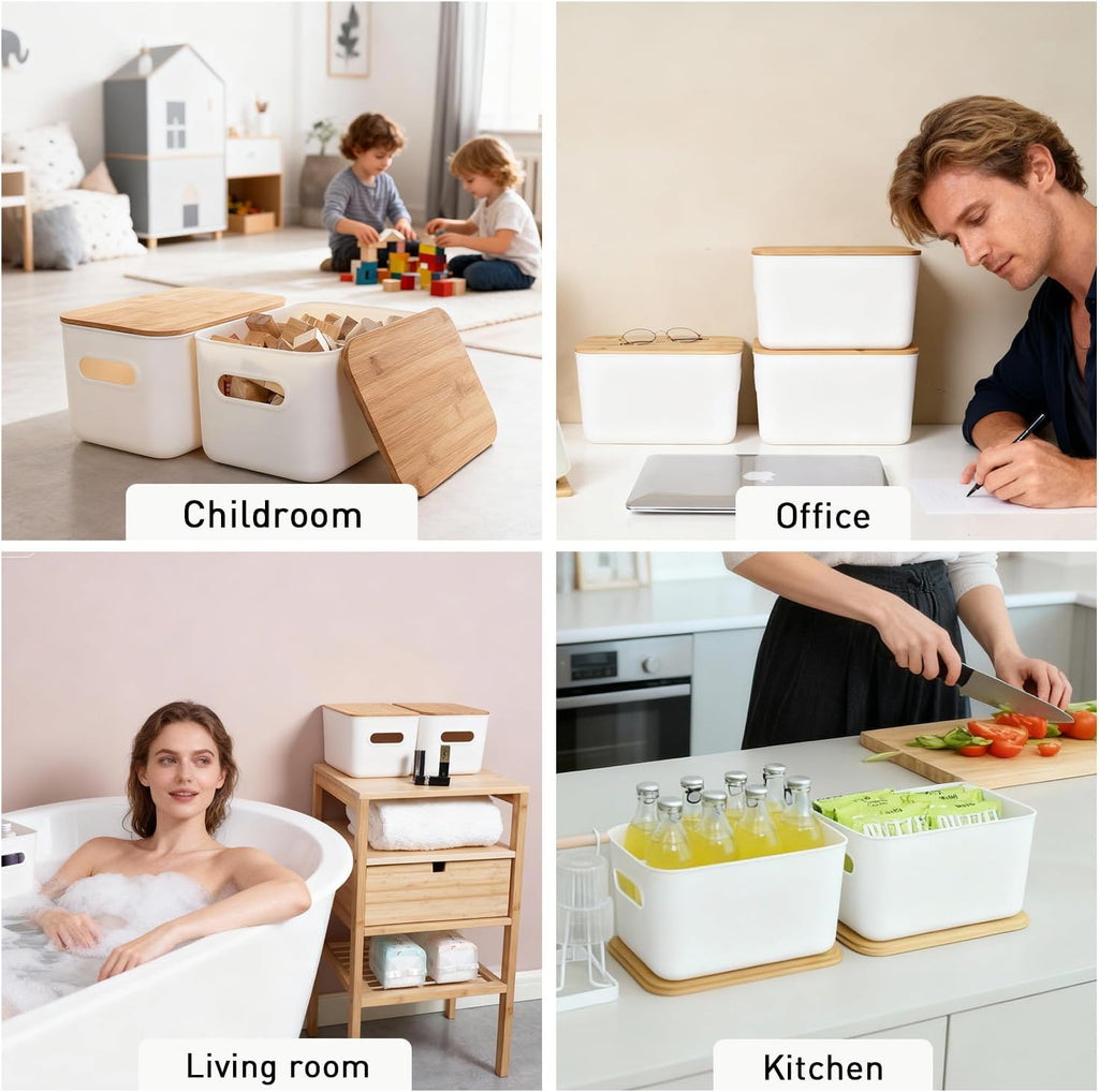 Citylife 2-Pack 6.5L Plastic Storage Boxes with Wooden Lids