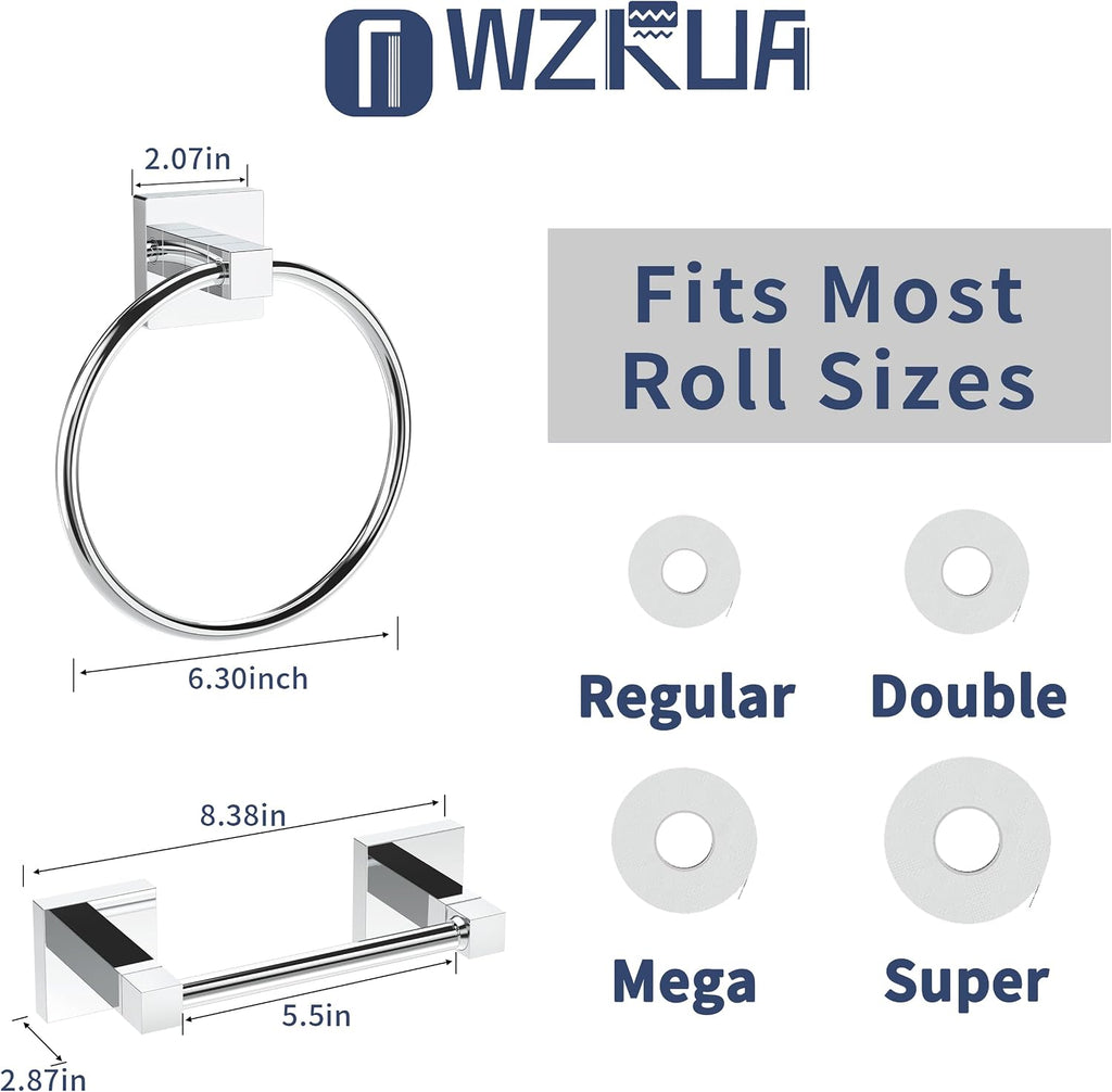 WZRUA Chrome Bathroom Accessories Set - Wall Mounted Toilet Paper Holder & Towel Ring