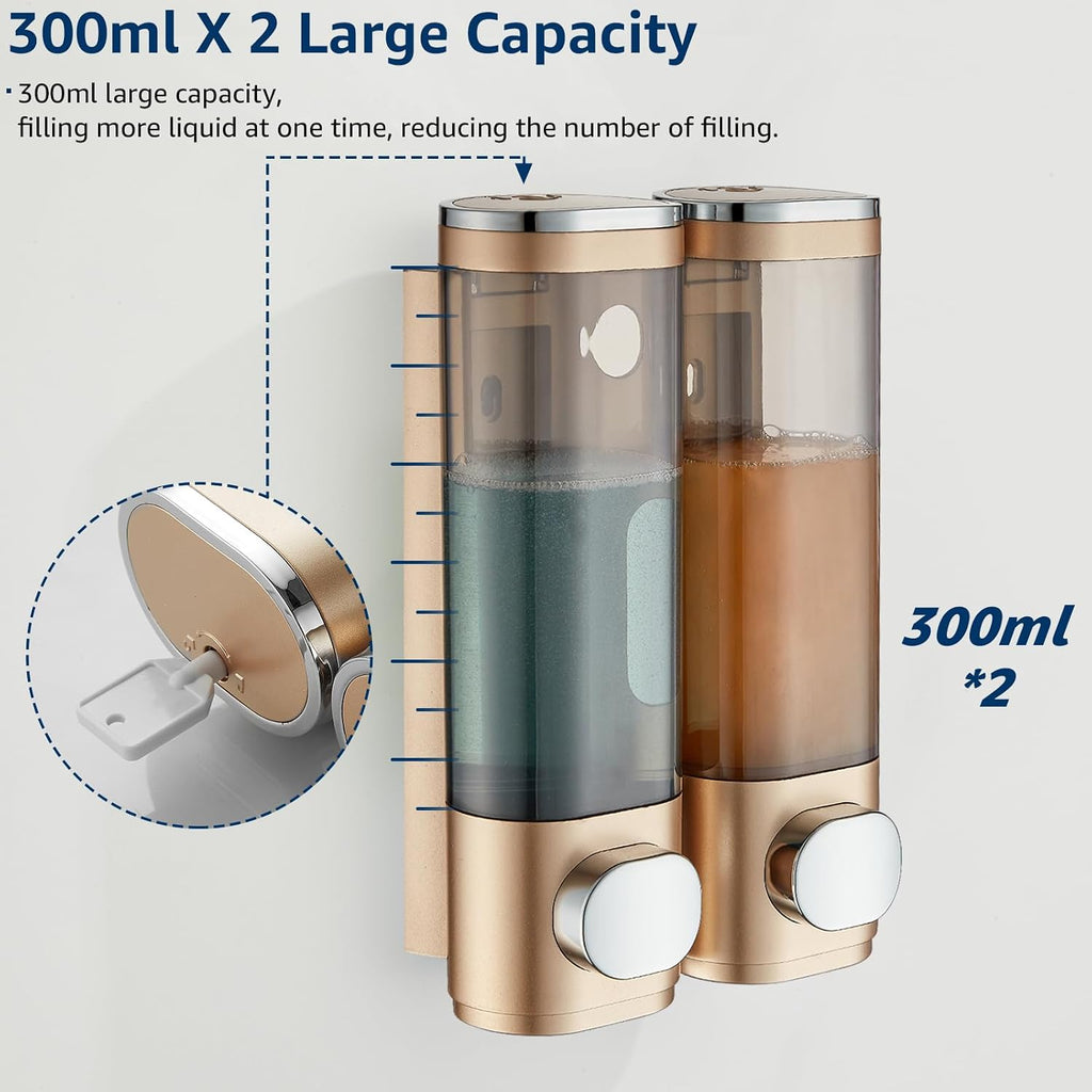 Modunful 2-Chamber Wall-Mounted Shower Dispenser - No-Drill Shampoo, Conditioner & Body Wash Pump Gold