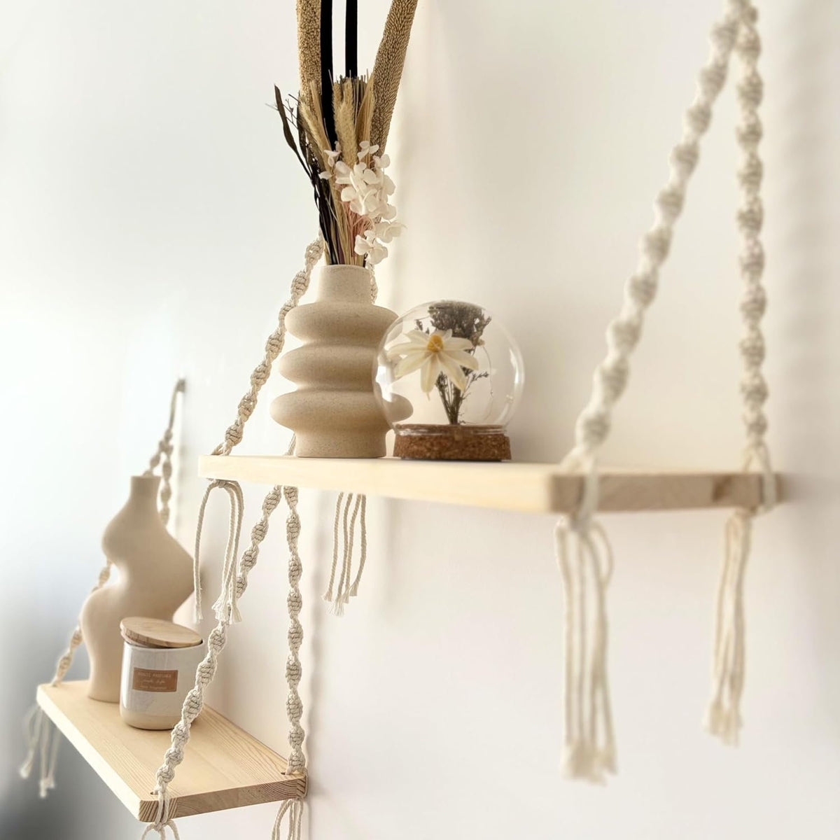 Mekase Set of 2 Boho Macrame Wall Hanging Shelves - Wooden Rope Plant Floating Display