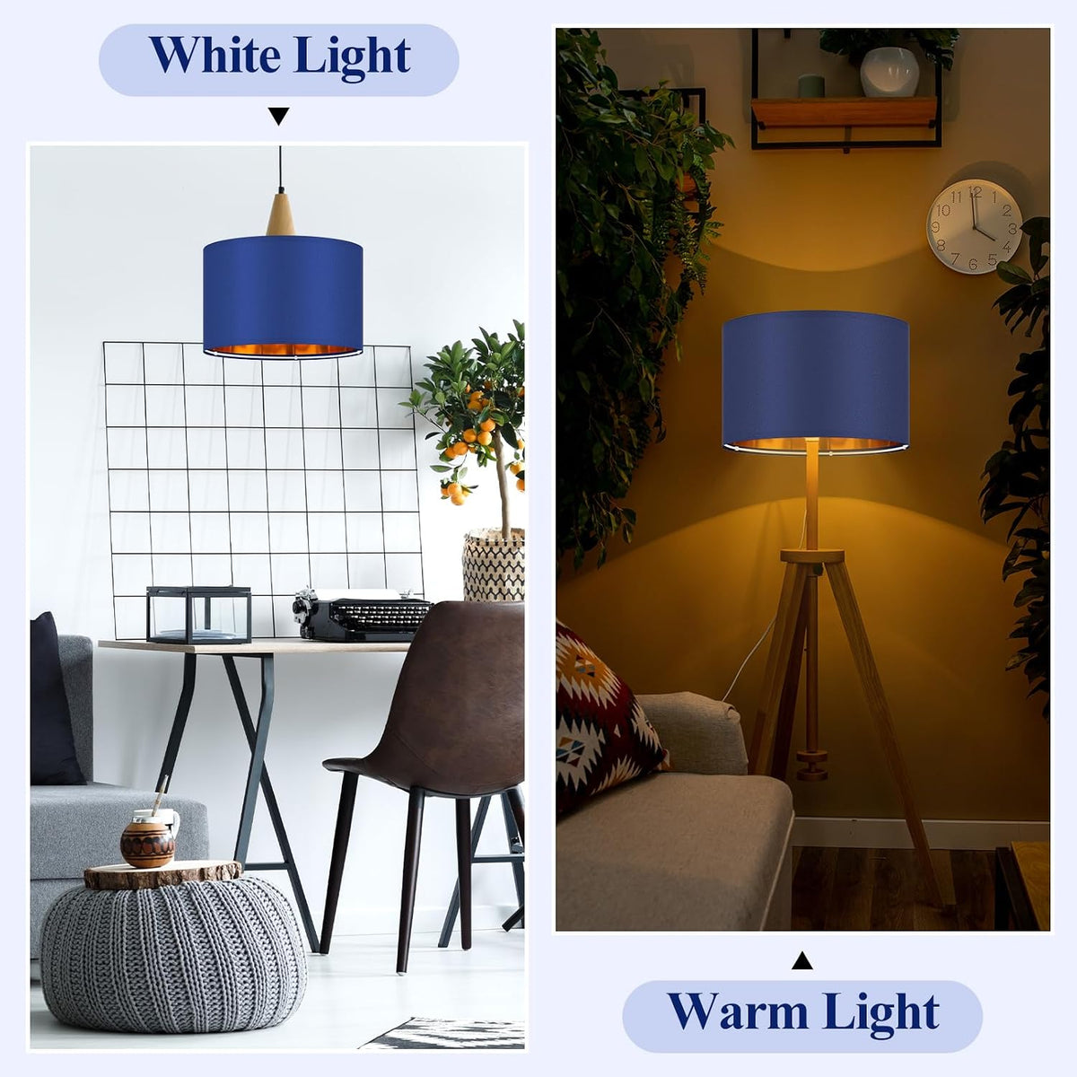 Weewooday 3 Pack Blue Drum Lampshades with Gold Inner - Modern E27/E14 Pendant Light Shades