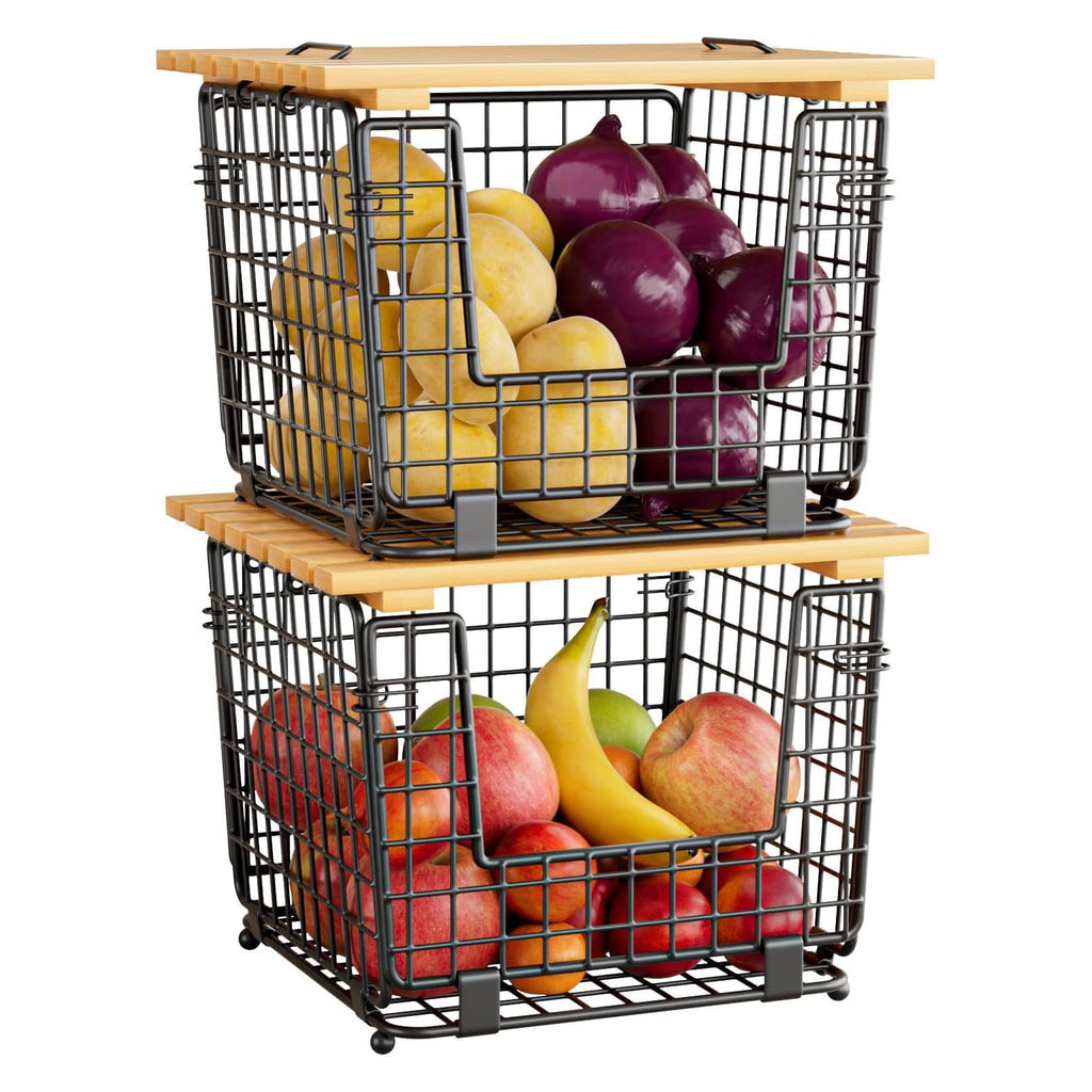 ZDXY Wire Storage Basket for Kitchen Pantry: Stackable Kitchen Counter Organizers - Wire Organizing Bin for Produce Vegetable Potato and Onion Black