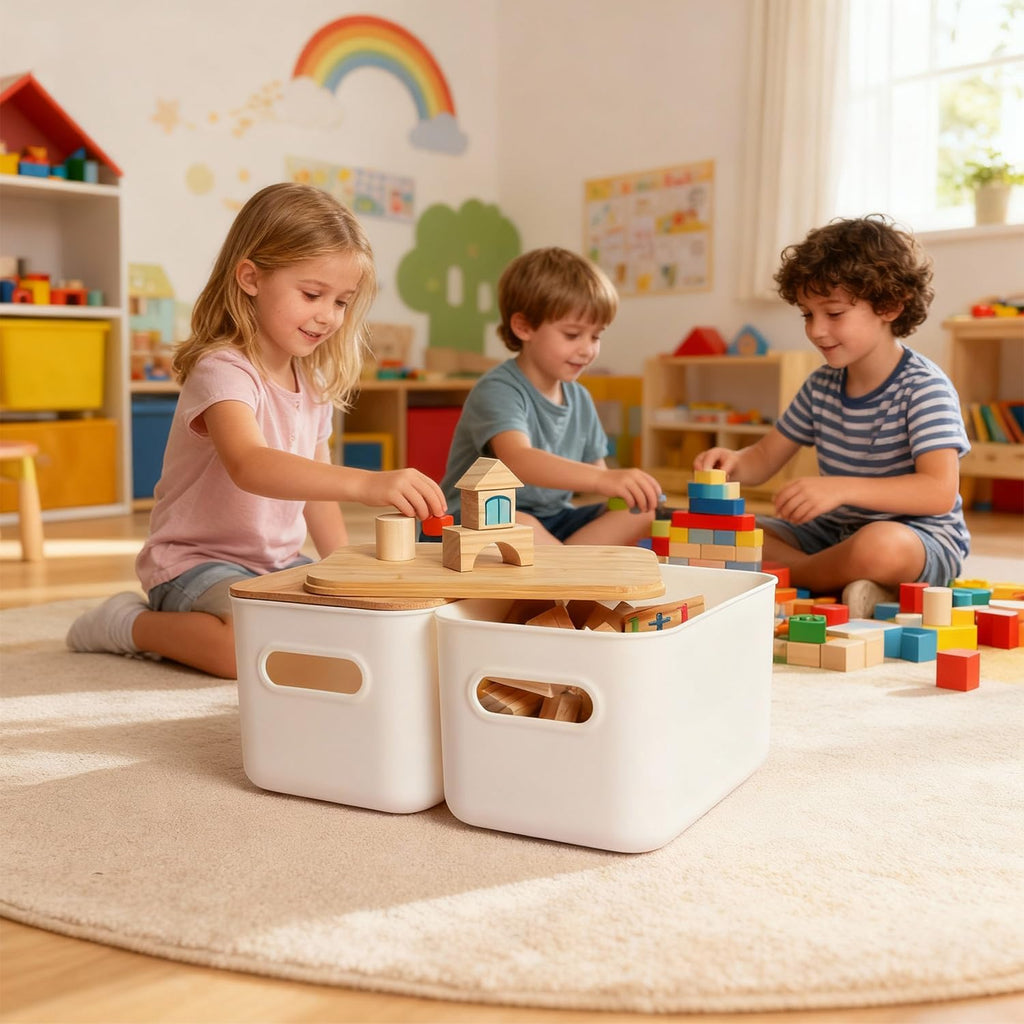 Citylife 2-Pack 6.5L Plastic Storage Boxes with Wooden Lids