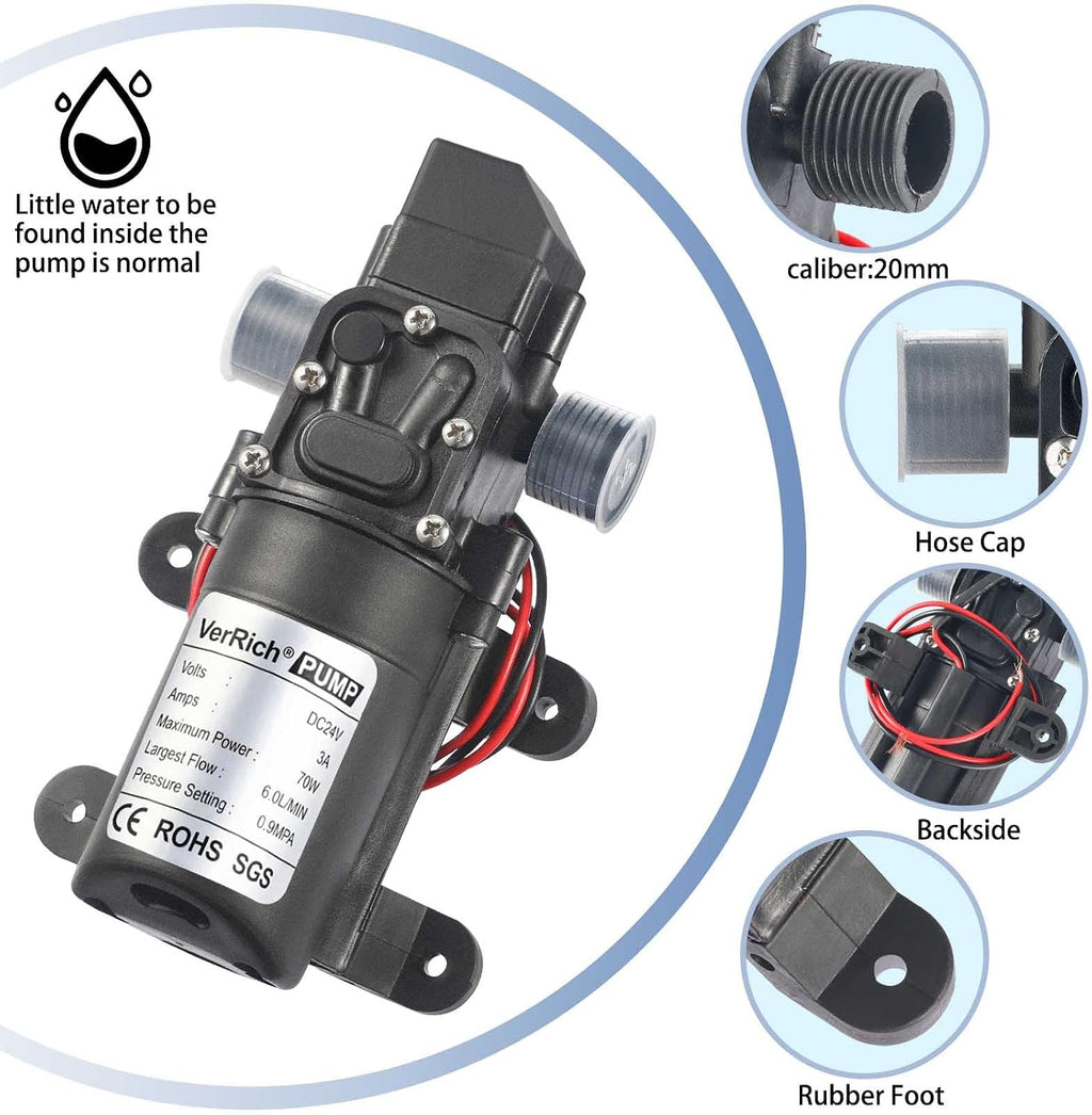 VerRich DC 24V 4L/Min 1GPM Diaphragm Water Pump - 0.9MPa Pressure Switch with G1/2" Hose Fittings