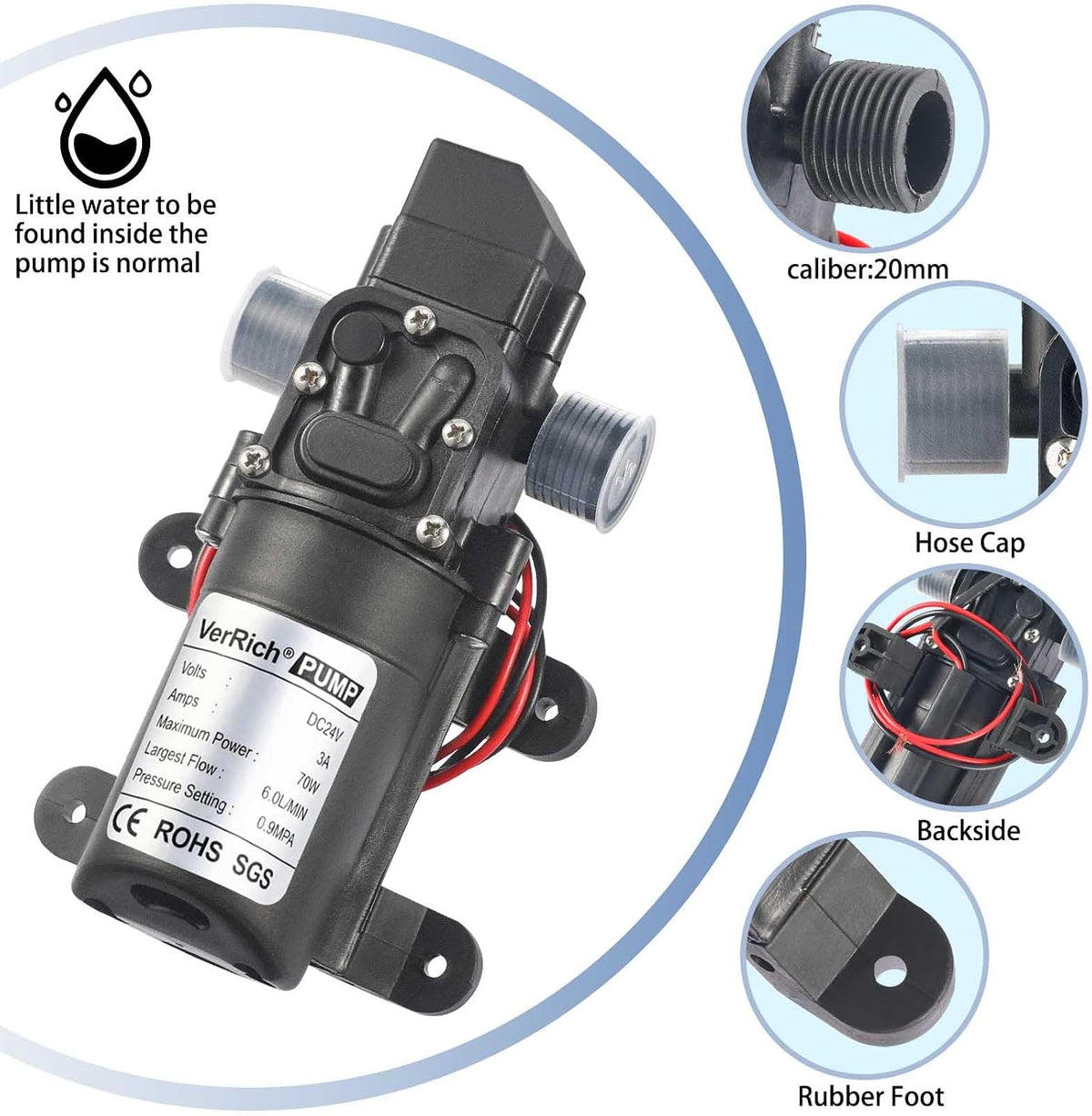 VerRich DC 24V 4L/Min 1GPM Diaphragm Water Pump - 0.9MPa Pressure Switch with G1/2" Hose Fittings